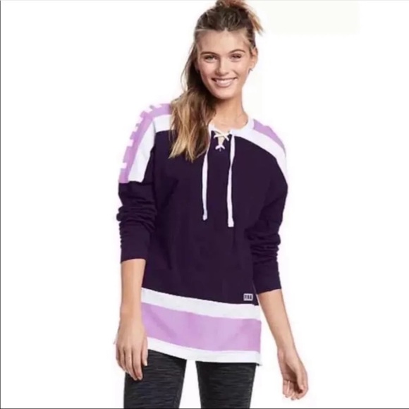 (NWT) Victoria’s Secret PINK Lace-UP Varsity Graphic Crew Plum/Purple Petal, XS - Picture 3 of 8